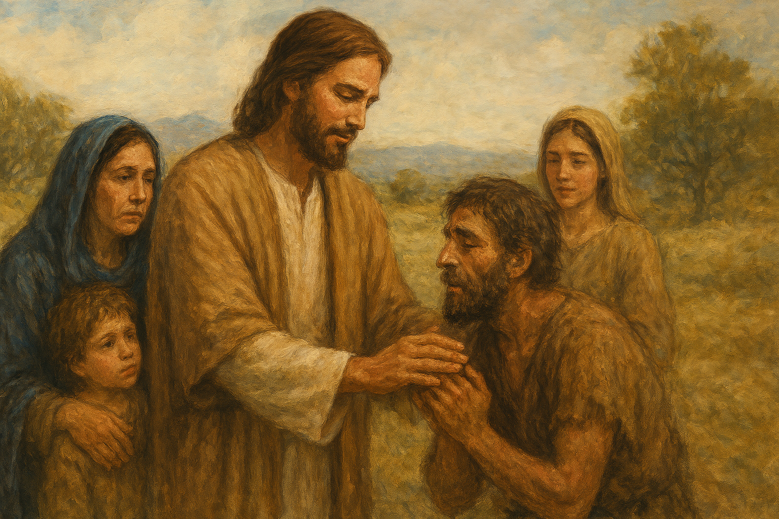 Symbolische Landschaft im Morgenlicht: eine weite Ebene mit sanften Farben, ein einzelner Mensch in schlichter Kleidung steht am Rand eines Weges, der in die aufgehende Sonne führt – Ausdruck von Demut, Hoffnung und neuer Würde.