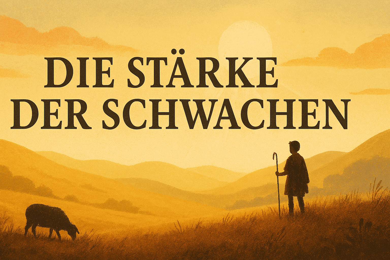 Landschaft mit Sonnenaufgang: Ein junger Hirte mit Stab steht rechts im Bild, ein einzelnes Schaf grast links. Die Szene symbolisiert Gottes Erwählung der Schwachen, inspiriert von David und dem Blinden aus Joh 9.