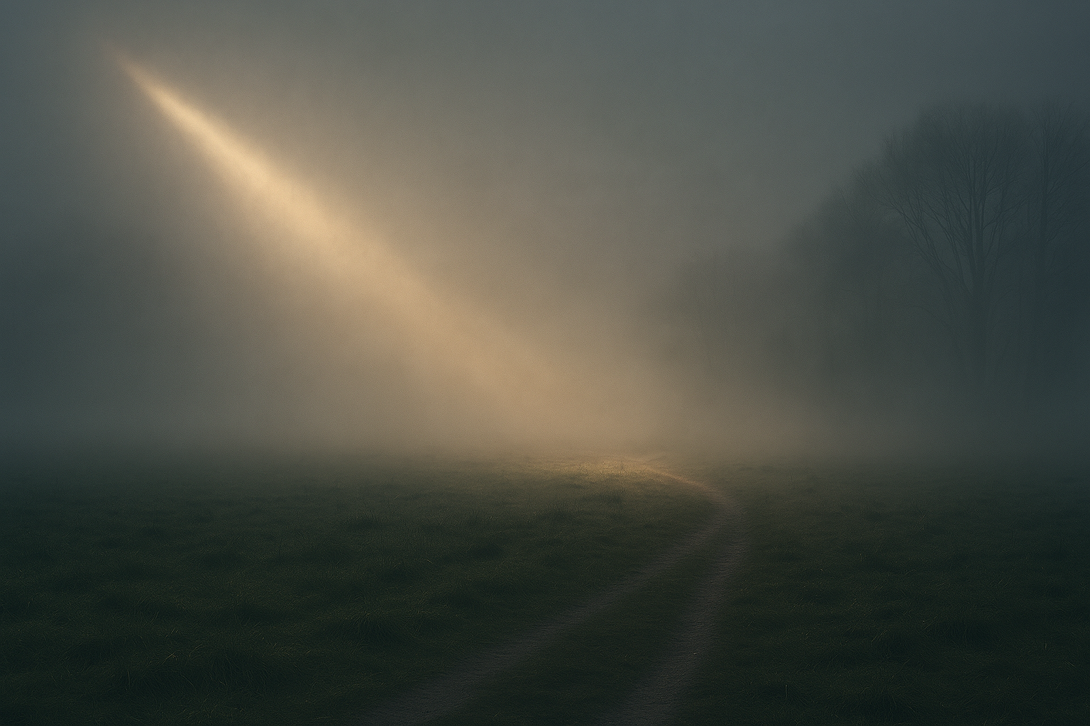 Ein einzelner Lichtstrahl durchbricht dichten Nebel und beleuchtet einen schmalen Pfad – Symbol für Orientierung und Wahrheit inmitten von Verwirrung und Versuchung.