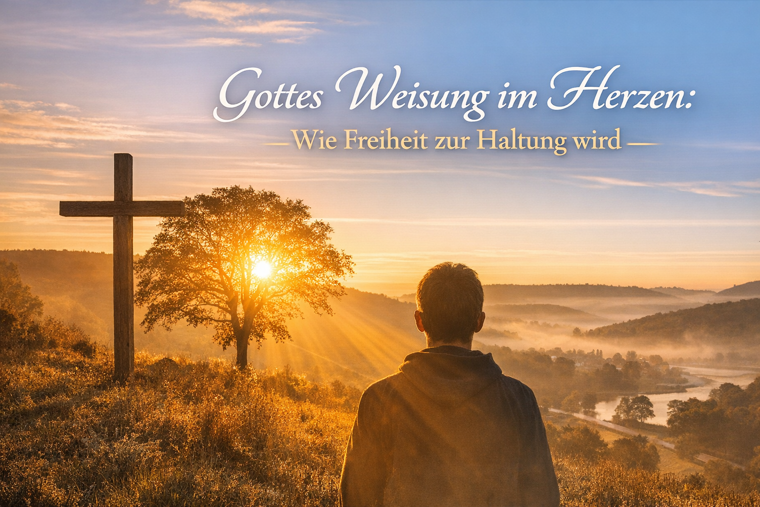 Person steht im Gegenlicht einer goldenen Morgensonne auf einem Hügel, neben einem einfachen Holzkreuz; ein großer Baum und ein nebeliges Tal liegen im Hintergrund. Symbolbild für Freiheit, innere Haltung und geistliche Orientierung.