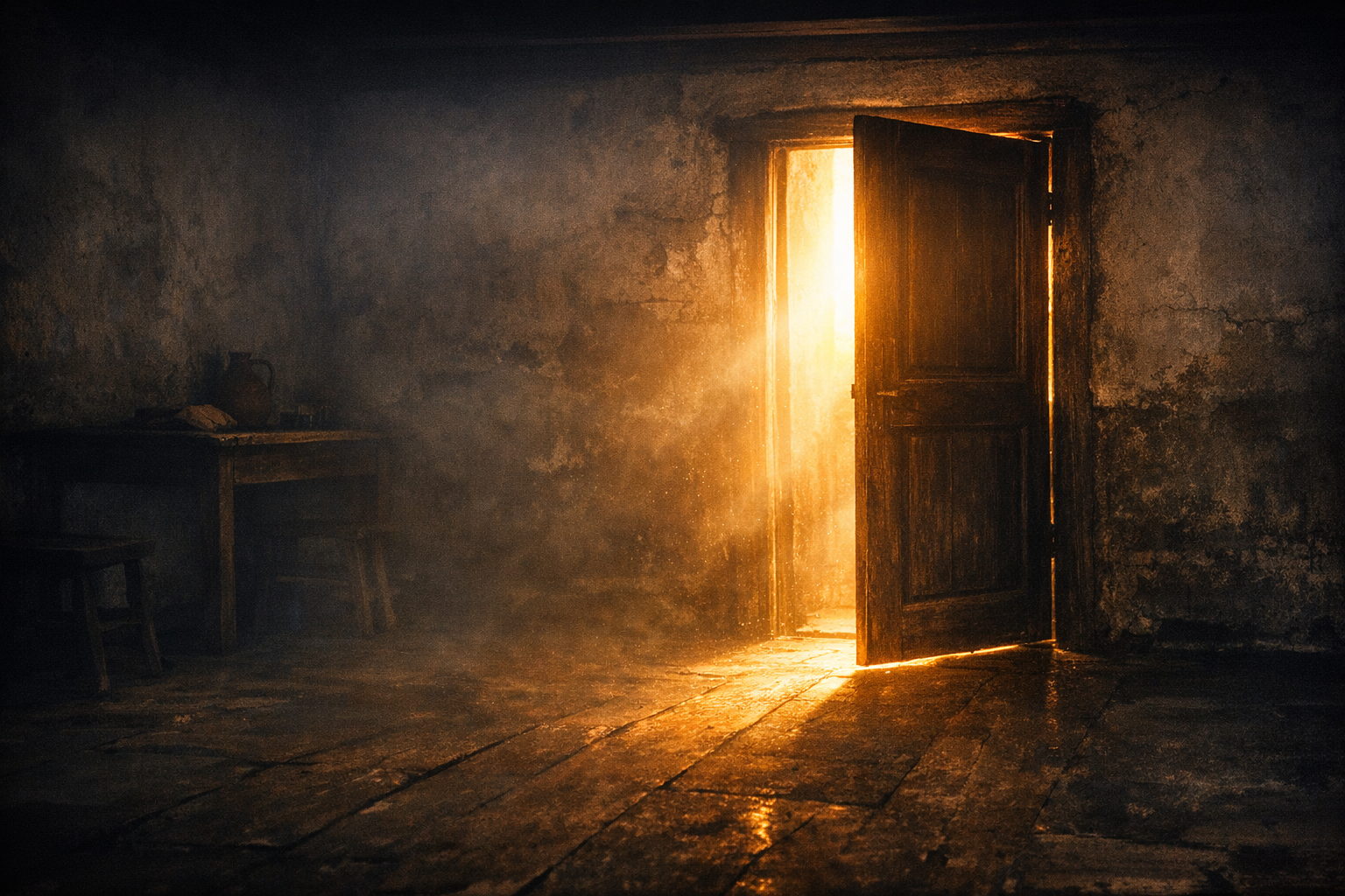 Ein dunkler Raum mit einer halb geöffneten Tür, durch die warmes Licht fällt – Symbol für Gottes Frieden, der verschlossene und ängstliche Räume des Lebens erhellt.
