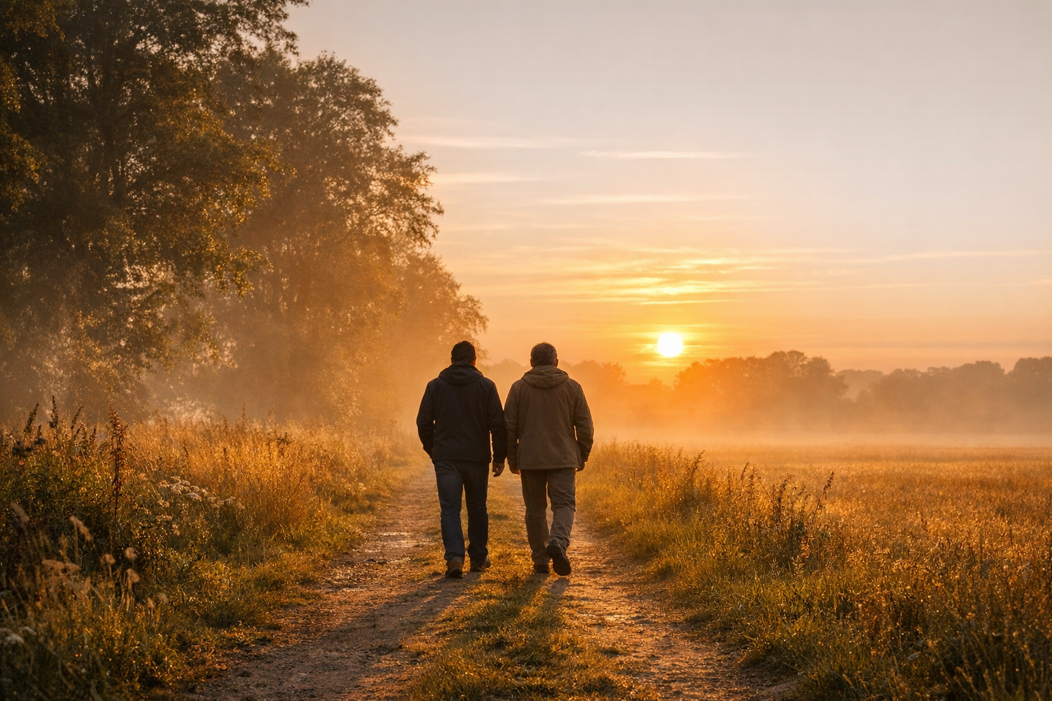 Zwei Menschen gehen auf einem ruhigen Weg in der Abendsonne – symbolisch für die Jünger auf dem Weg nach Emmaus.