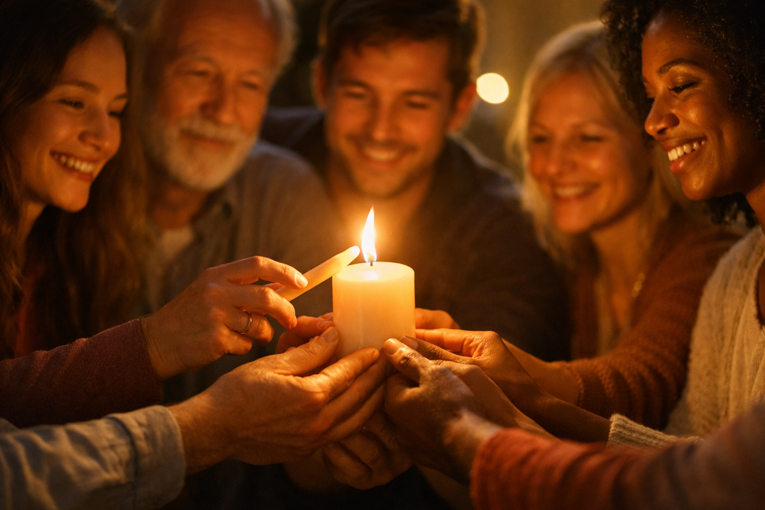 Menschen geben ein Licht weiter, das ihre Gesichter warm erhellt – ein Bild für den Heiligen Geist, der Gemeinschaft stiftet und Kirche lebendig macht.