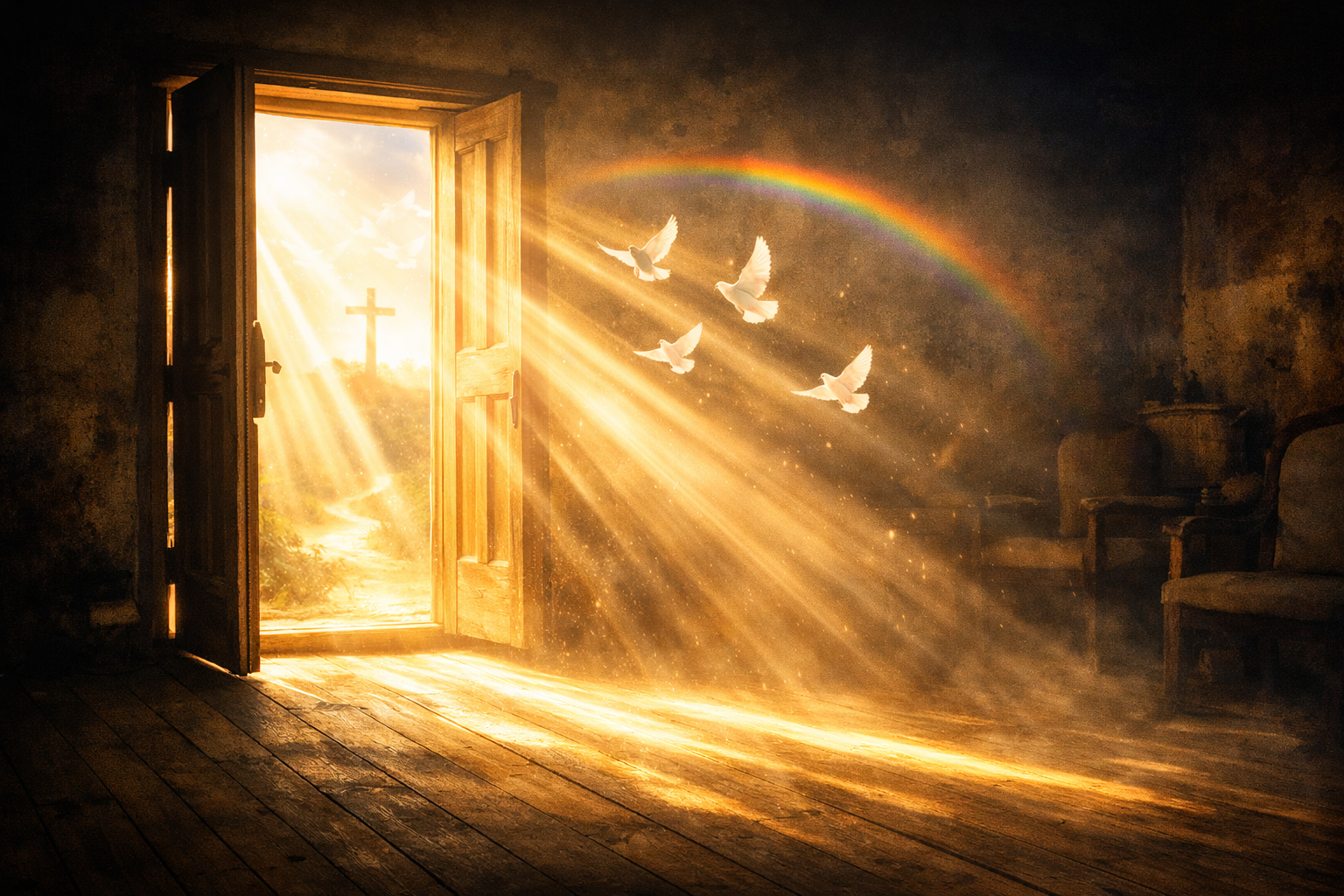 Lichtstrahlen fallen durch eine geöffnete Tür in einen dunklen Raum und erhellen ihn. Das Bild symbolisiert den Heiligen Geist, der neue Wege öffnet und heilende Kommunikation ermöglicht.