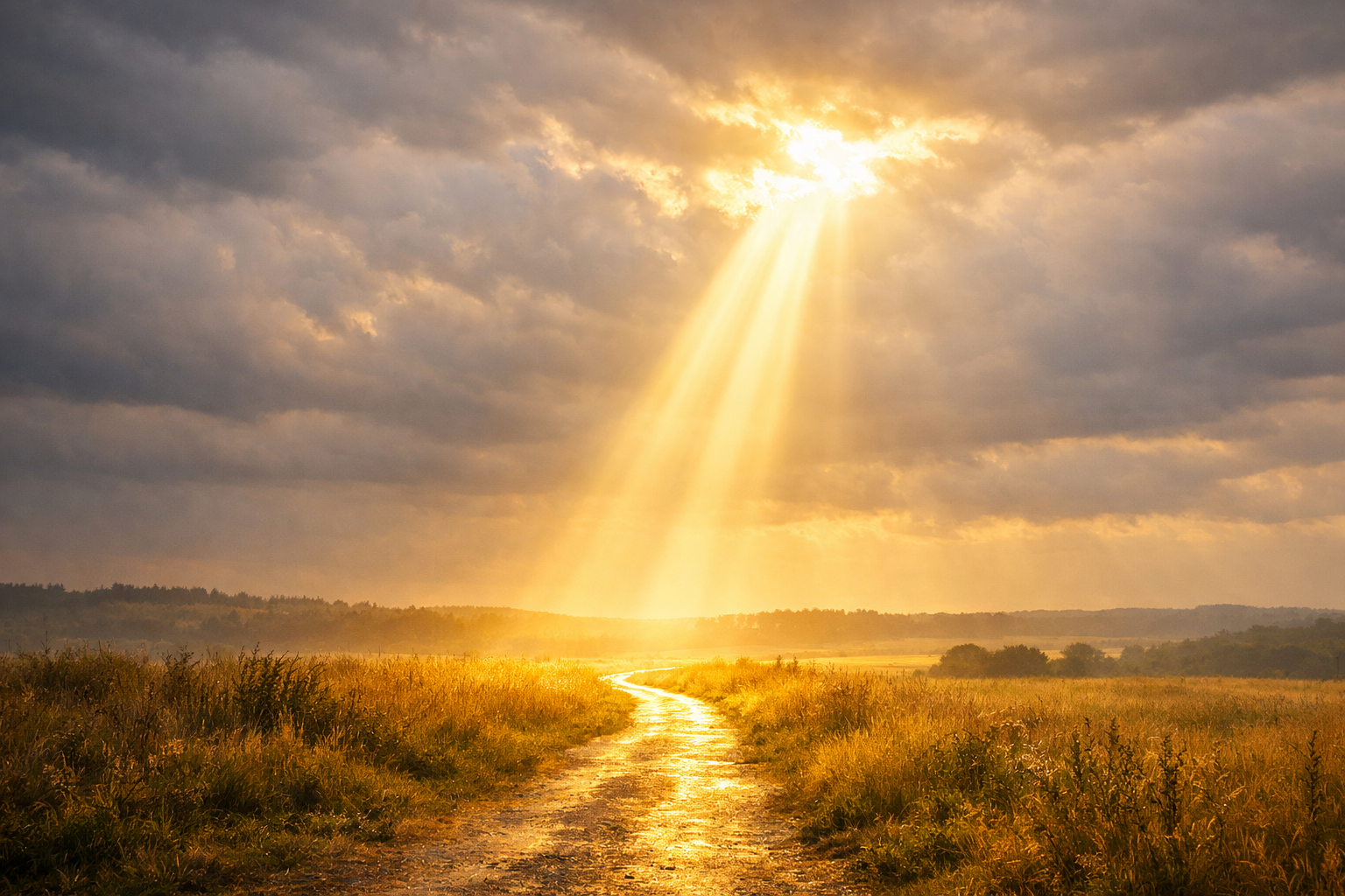 Ein einzelner Lichtstrahl bricht durch dunkle Wolken und beleuchtet einen schmalen Weg, der aus dem Schatten ins Licht führt.