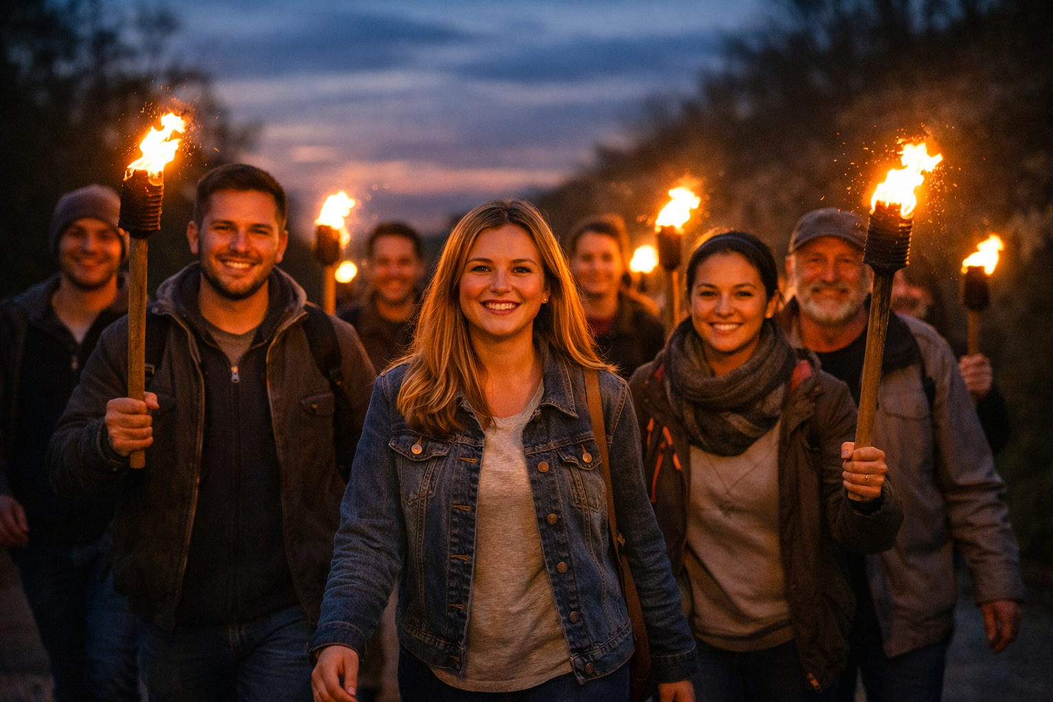 Eine Gruppe von Menschen geht bei Abenddämmerung mit brennenden Fackeln direkt auf den Betrachter zu. Ihre Gesichter sind von warmem Licht erhellt, sie lächeln und wirken hoffnungsvoll. Männer und Frauen unterschiedlichen Alters halten die Fackeln hoch, während hinter ihnen der Himmel in Blau und Orangetönen leuchtet. Das Bild vermittelt Gemeinschaft, Freude und Zuversicht.