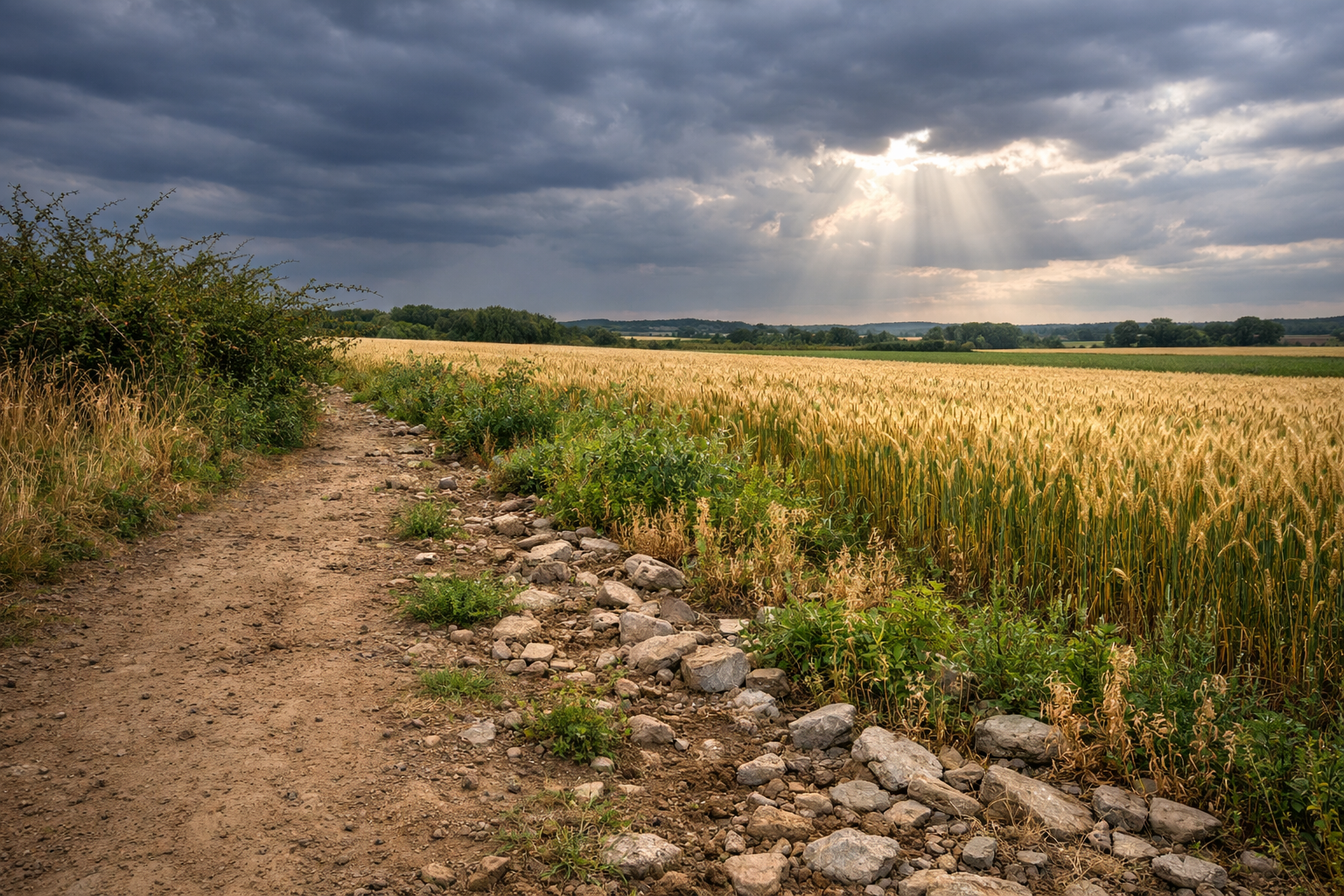 Ein weites Ackerfeld unter einem dramatischen Himmel: Im Vordergrund verläuft ein steiniger Weg mit Unkraut, daneben ein Ackerrand mit kargem, felsigem Boden. Links wuchern Dornenhecken in den Acker hinein. Dahinter breitet sich fruchtbares Land aus, auf dem dichter, goldener Weizen wächst. Über dem Feld ziehen dunkle Regenwolken, durch die Sonnenstrahlen brechen und das reife Korn erhellen.