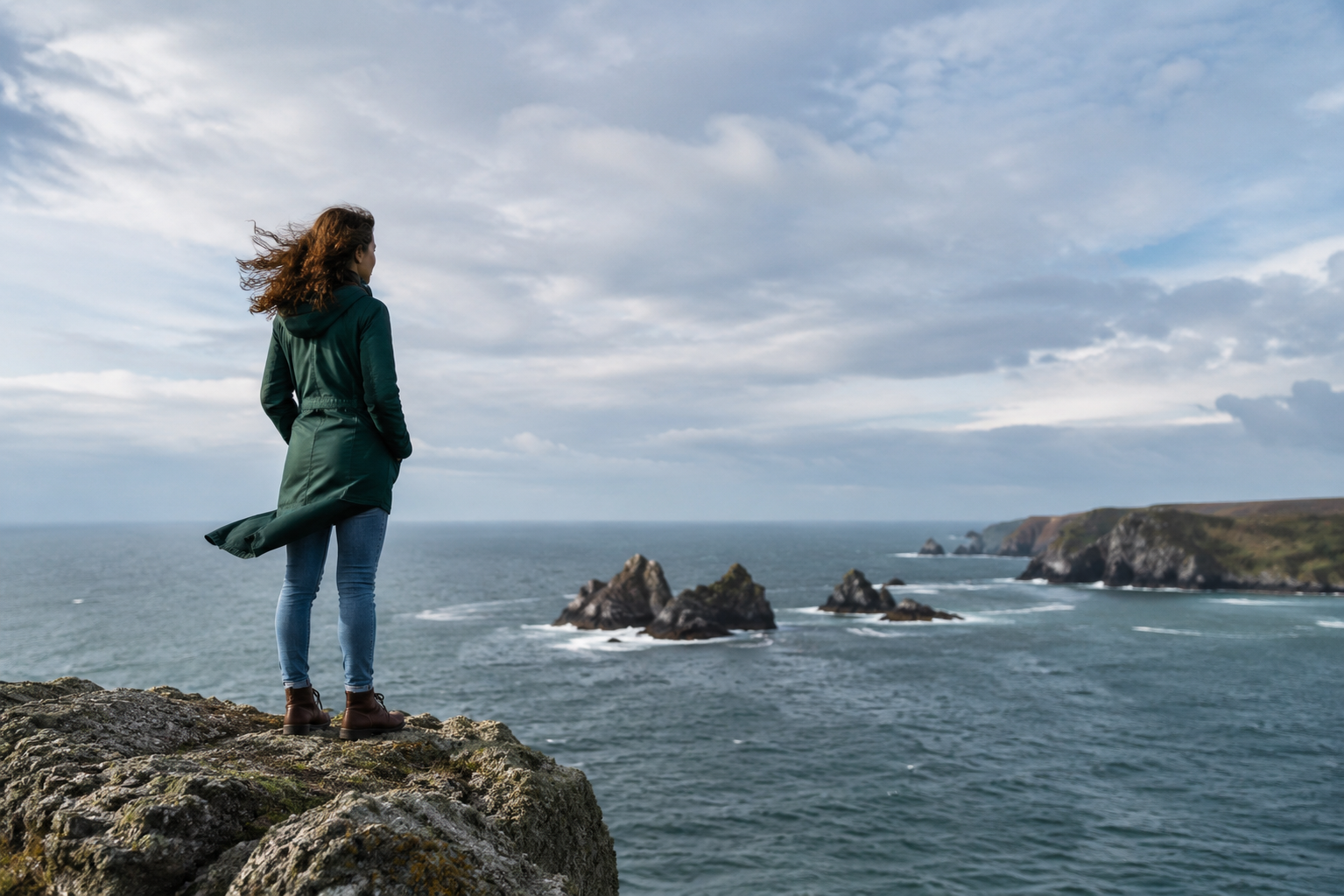 Eine einzelne Person auf einer Klippe oder an einer Küste, vom Wind erfasst – nicht dramatisch, sondern ruhig, kraftvoll, frei. Symbolik: „Der Wind weht, wo er will … so ist jeder, der aus dem Geist geboren ist.“