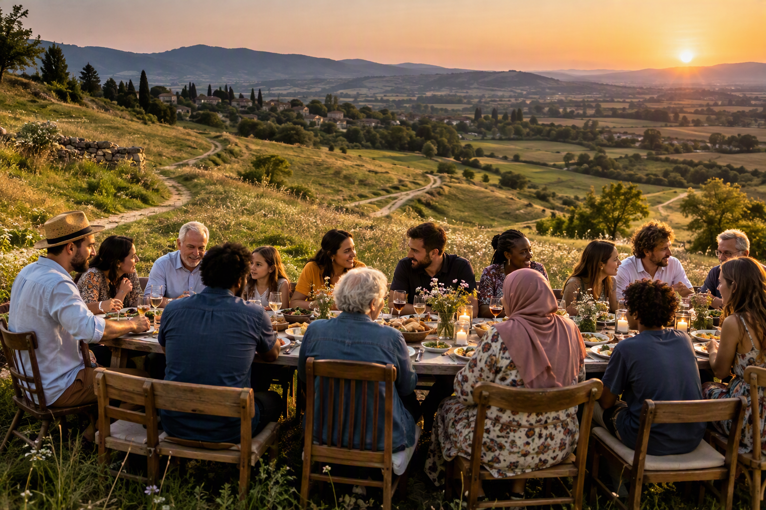 Menschen unterschiedlicher Herkunft sitzen gemeinsam an einer langen Tafel in einer offenen Landschaft. Mehrere Wege führen von verschiedenen Richtungen auf den Tisch zu und symbolisieren Gemeinschaft in Vielfalt.