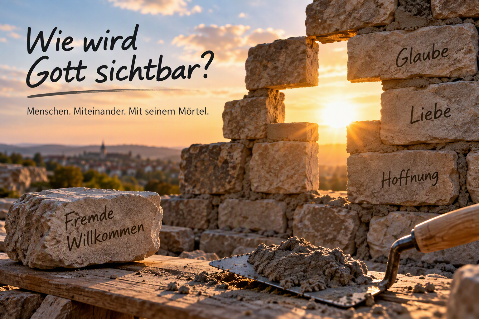 Steinmauer im Bau mit Mörtel und einzelnen beschrifteten Steinen als Symbol für die Menschen als lebendige Steine im Haus Gottes.