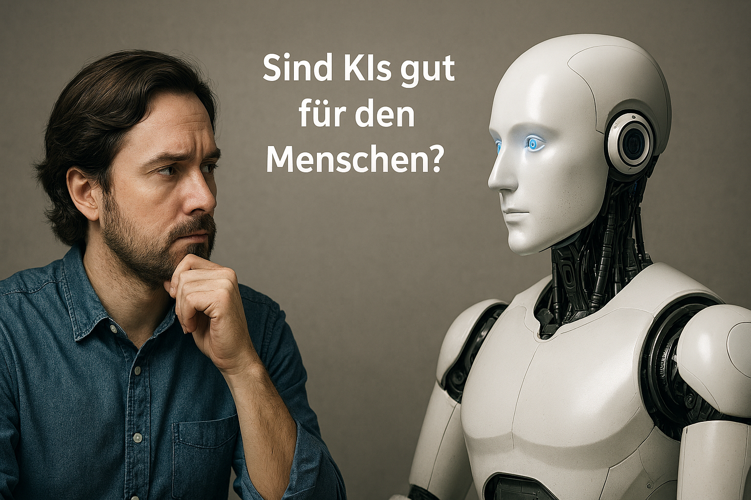 Ein nachdenklicher Mann blickt einen humanoiden Roboter mit leuchtenden Augen an. Zwischen ihnen steht die Frage: ‚Sind KIs gut für den Menschen?‘ – Symbolbild für Dialog zwischen Mensch und künstlicher Intelligenz.
