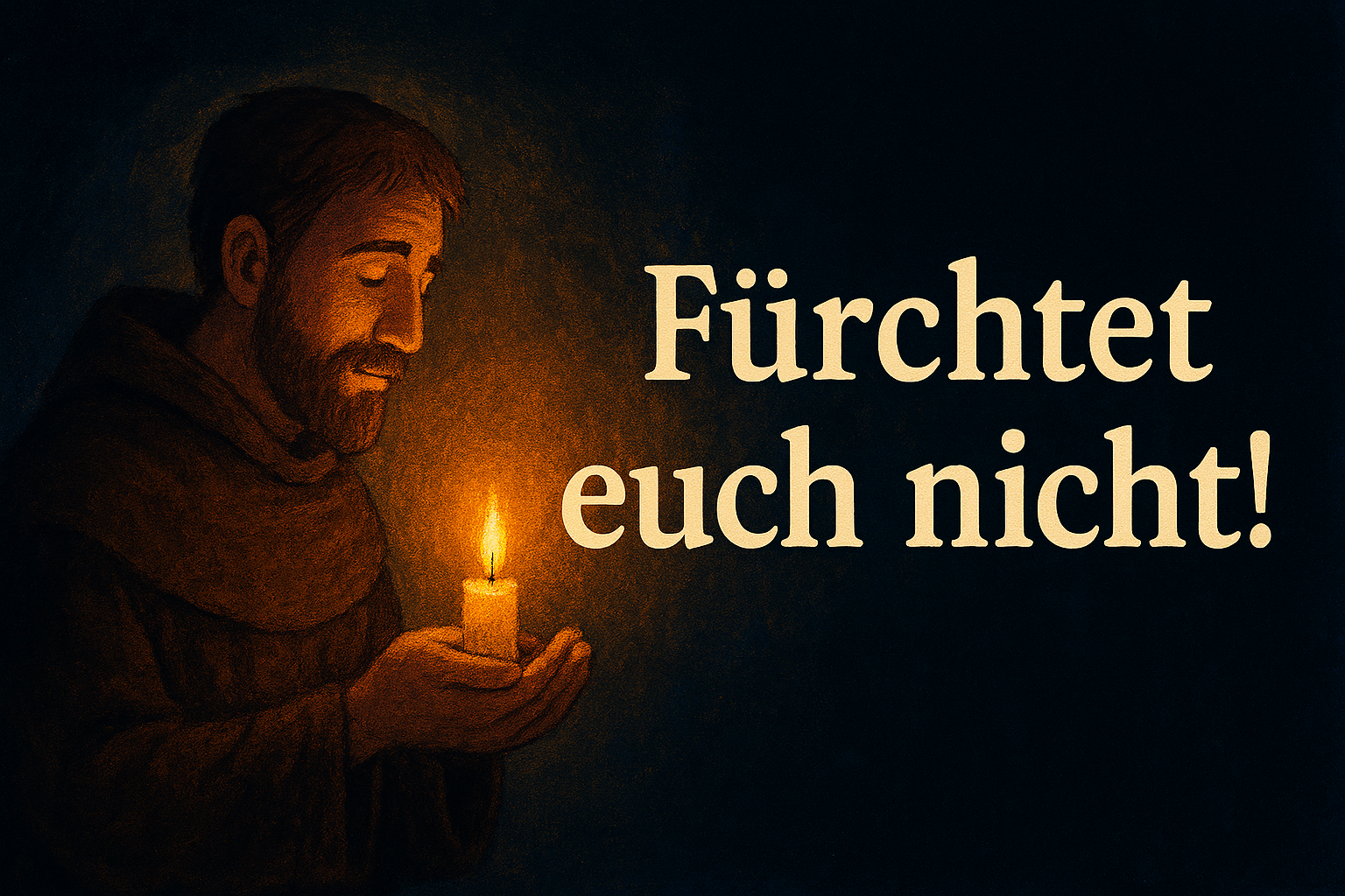 Eine Person in einem dunklen Raum hält eine brennende Kerze und schaut andächtig in die kleine Flamme. Titel des Bildes: Fürchtet euch nicht!